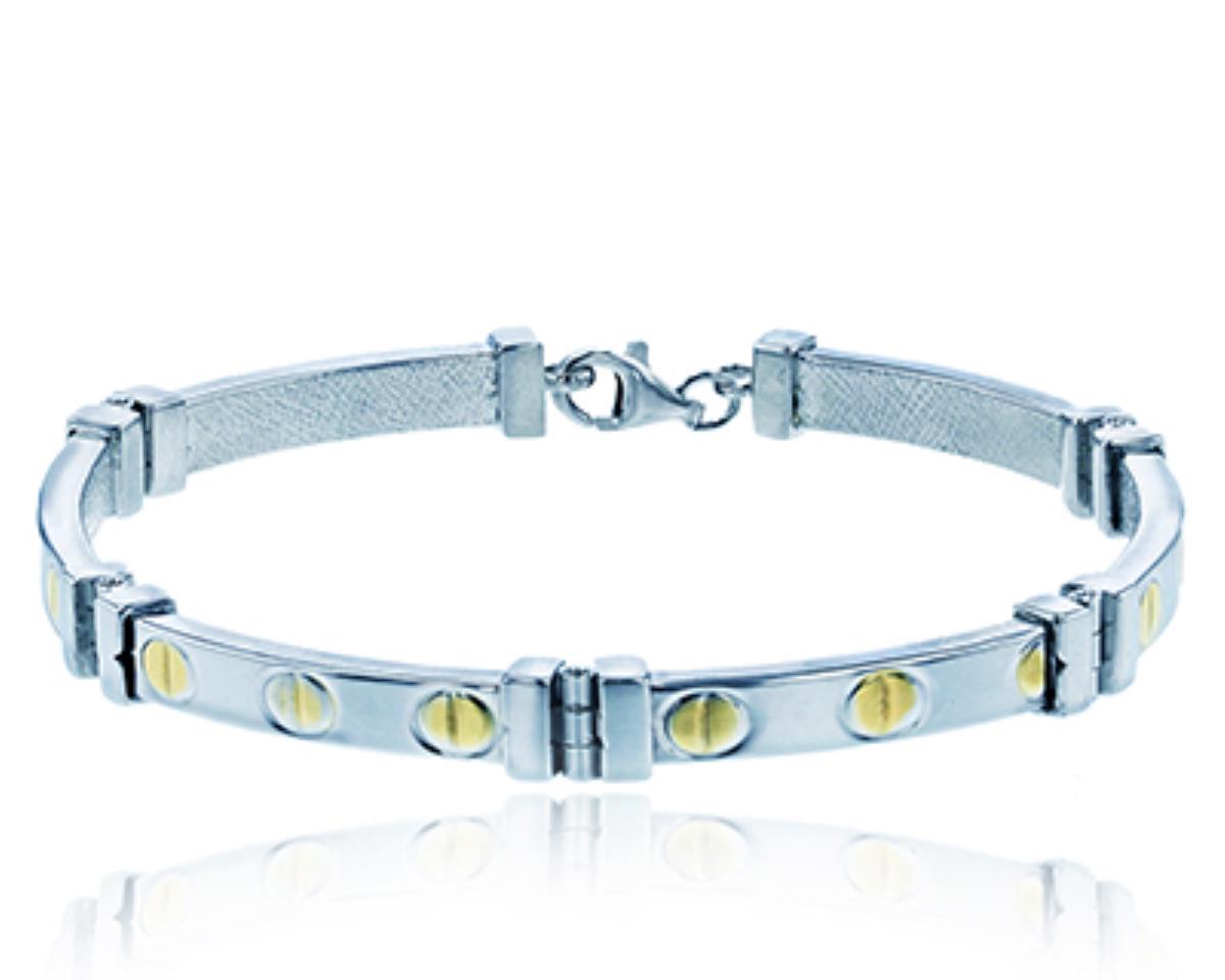 Sterling Silver Yellow & White 7.60mm Circle Pattern 8" Hinge Bracelet