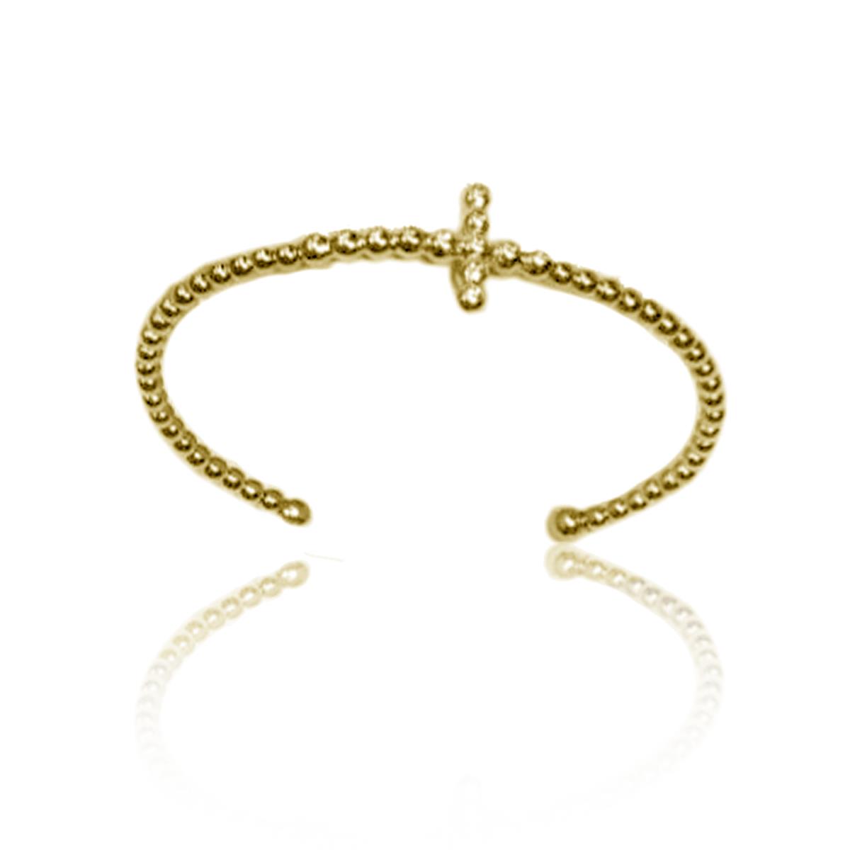 Sterling Silver Yellow 16.20MM CZ Sideways Cross on Beaded Open Cuff Bracelet