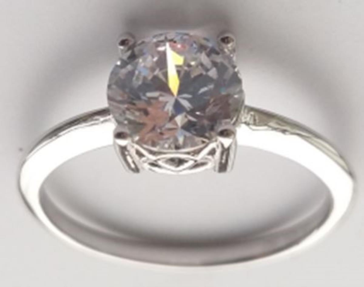 Sterling Silver Rhodium 7.00mm Round Cut 100 Facets CZ Fancy Solitaire Ring