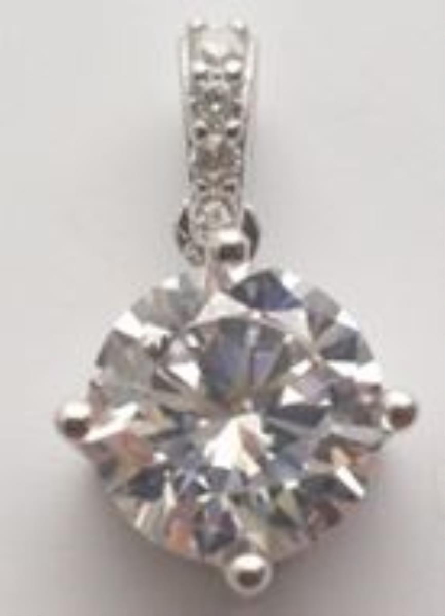 Sterling Silver Rhodium 7.00mm Round Cut 100 Facets CZ Solitaire with Pave Bail Pendant
