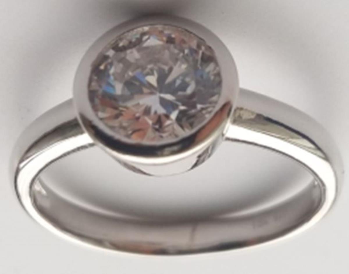 Sterling Silver Rhodium 7.00mm Round Cut Bezel 100 Facets CZ Solitaire Ring