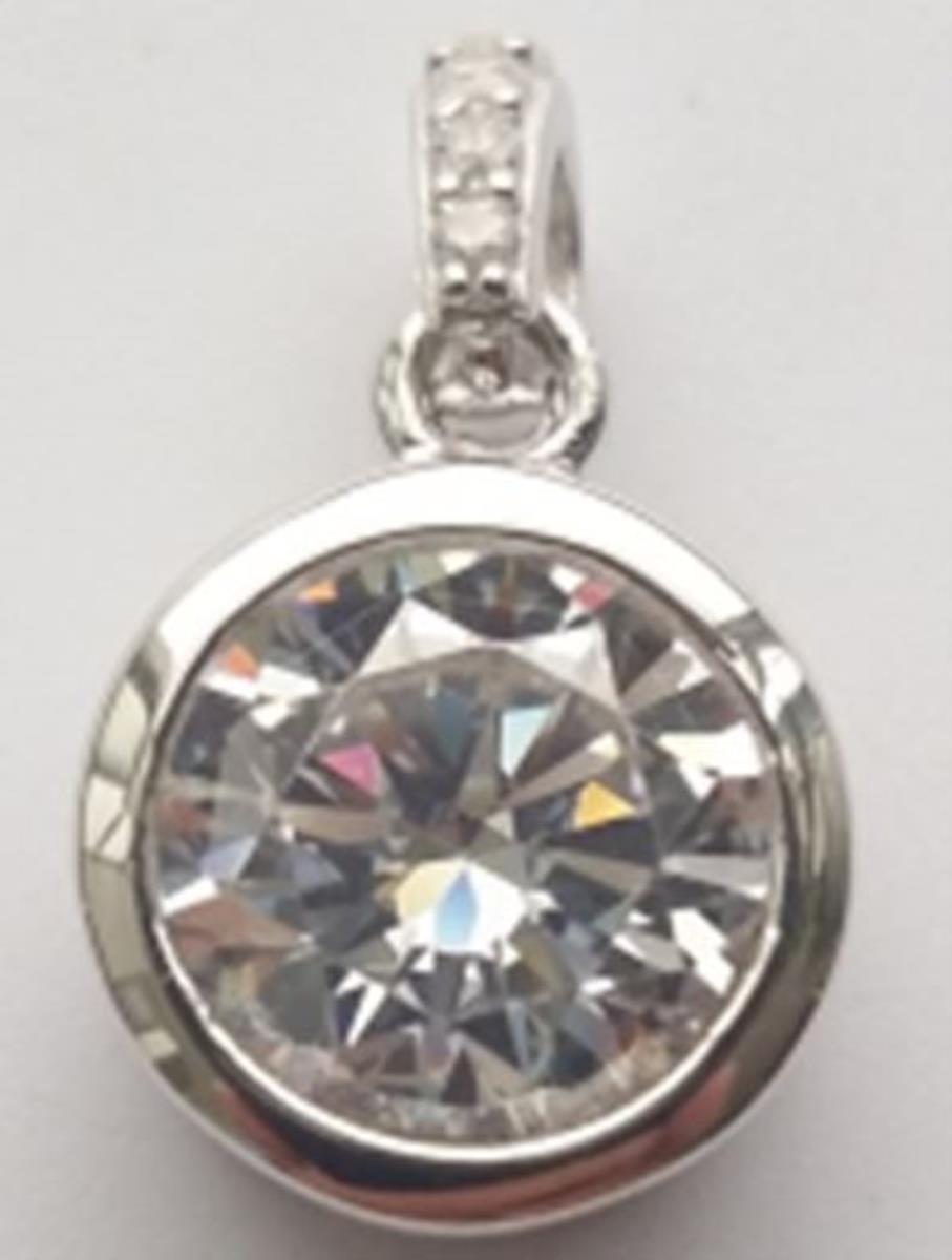Sterling Silver Rhodium Micropave 7.00mm Round Cut Bezel 100 Facets CZ Fancy Pendant