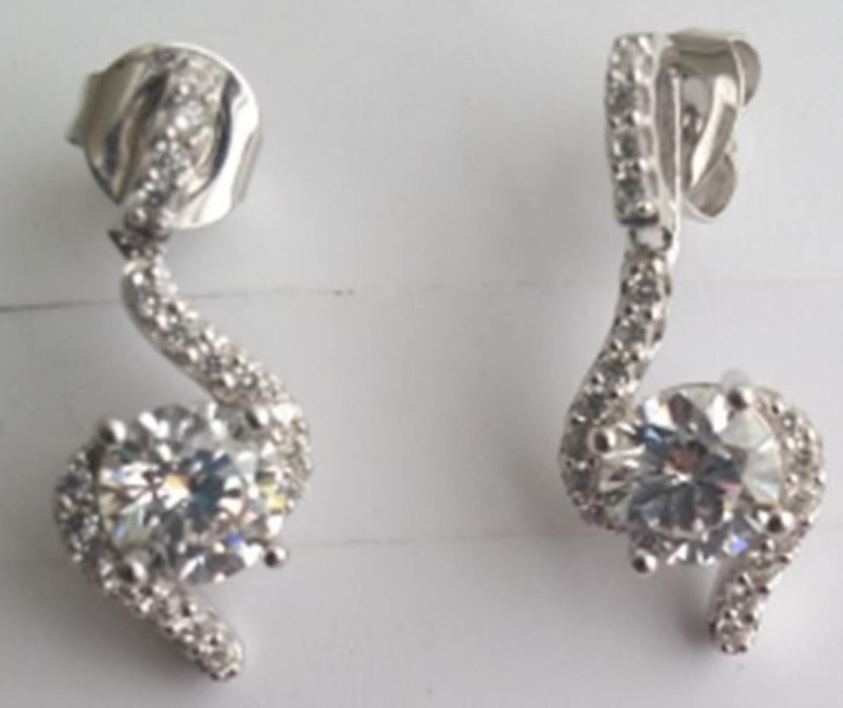 Sterling Silver Rhodium 6.00mm Round Cut 100 Facets CZ Solitaire Fancy "S" Dangling Earring