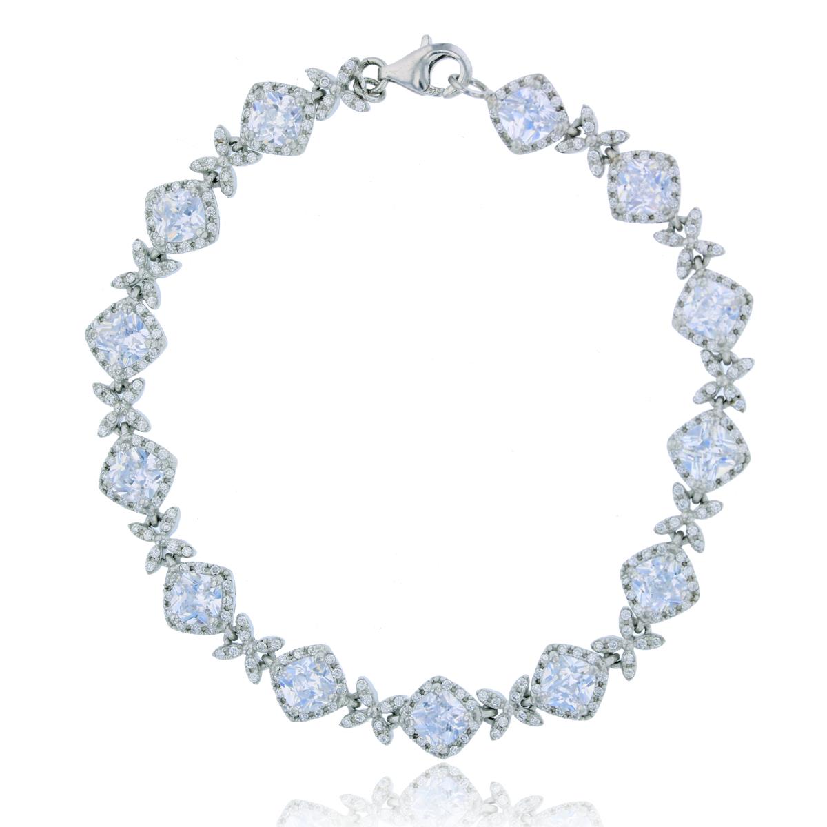 Sterling Silver Rhodium Micropave Diamond Shape and Flower Bracelet