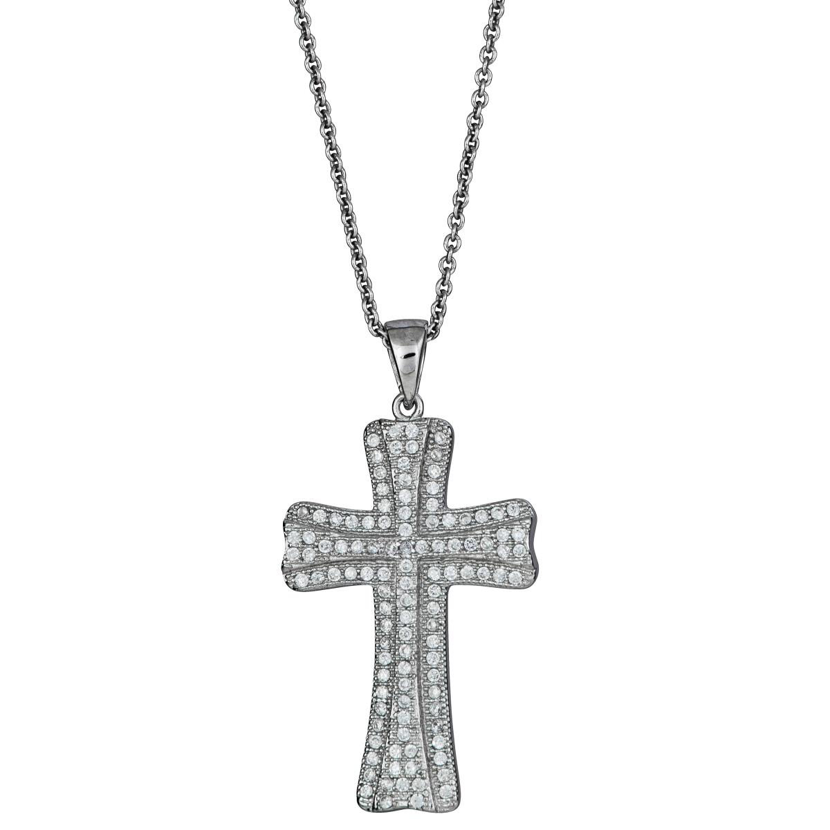 Sterling Silver Rhodium Micropave Cross 18" Necklace with 2" Extension