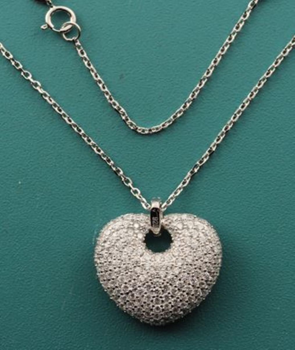 Sterling Silver Rhodium20mm Pave Heart 18" Necklace with 2" Extension