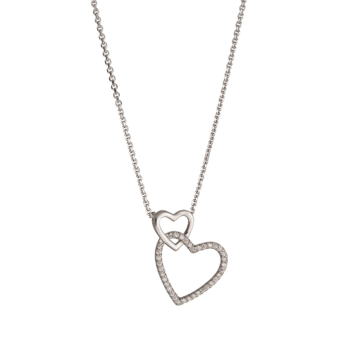 Sterling Silver Rhodium Dbl Heart Drop 18" Necklace with 2" Extension