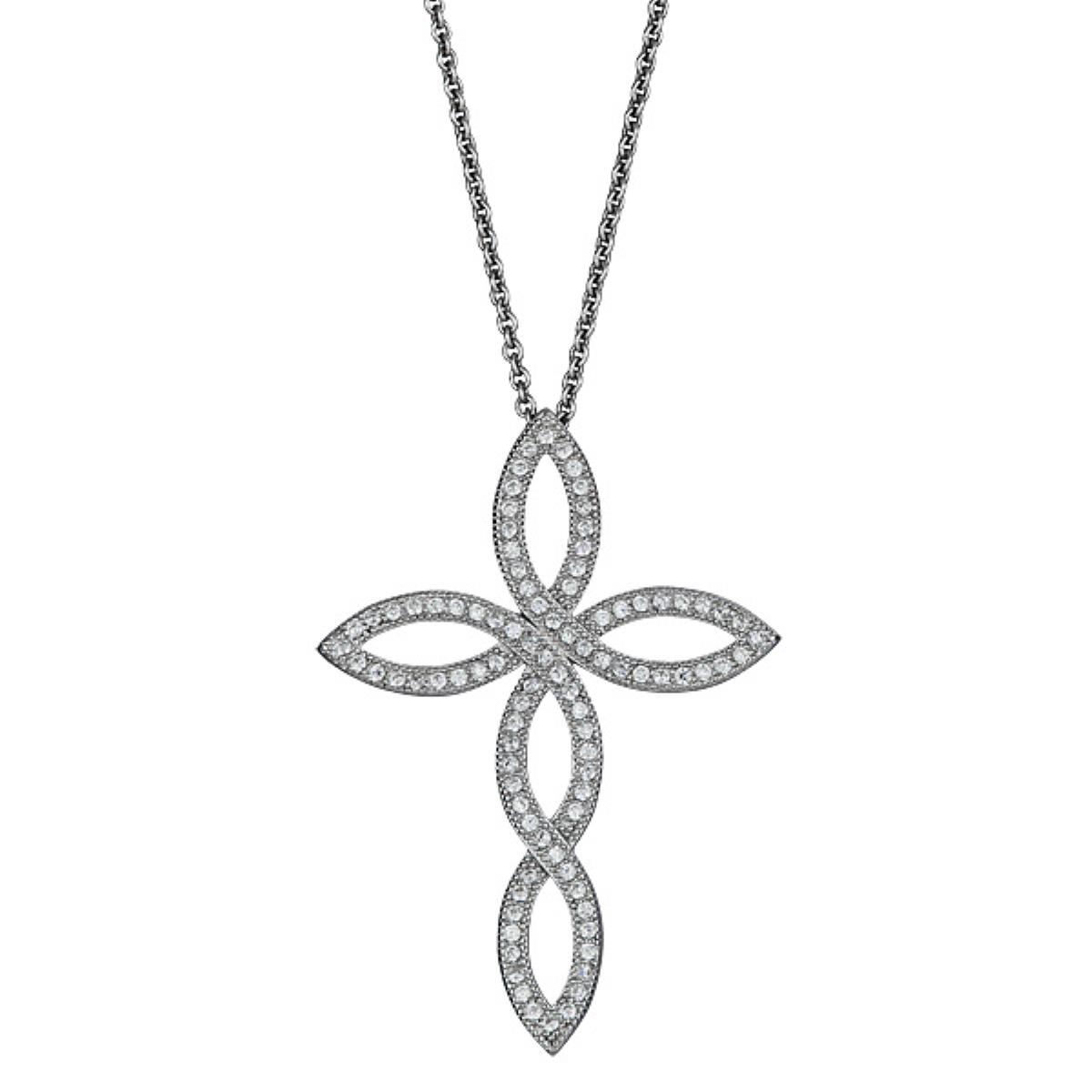 Sterling Silver Rhodium Twist Cross 18" Necklace with 2" Extension