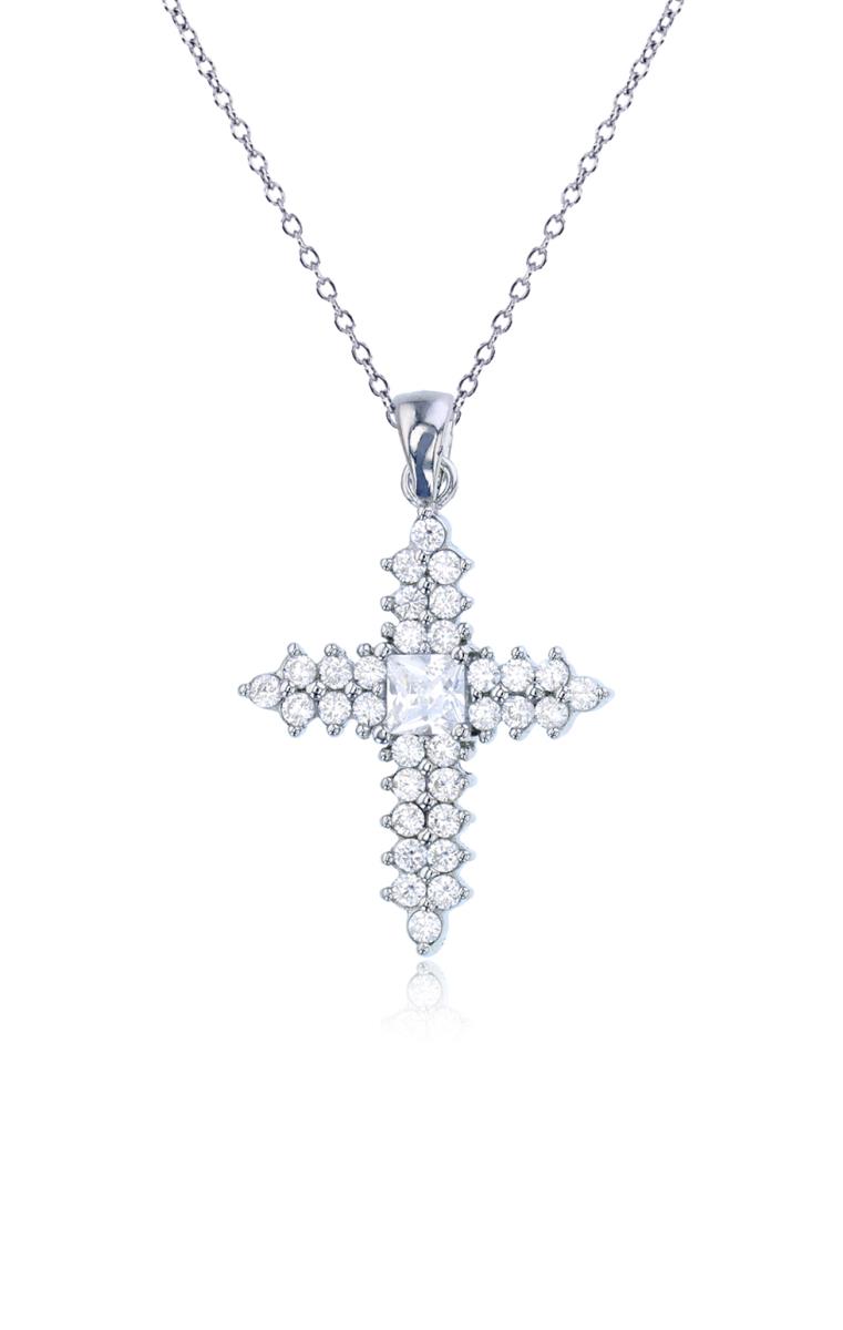 Sterling Silver Rhodium Pave Cross 18" Necklace