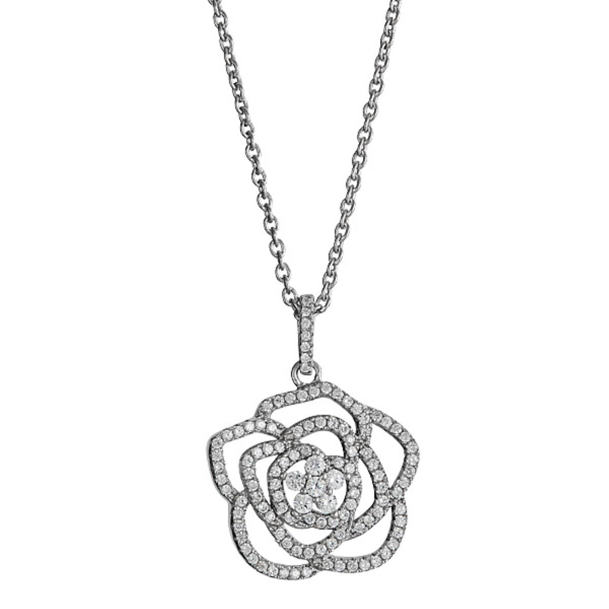 Sterling Silver Rhodium Micropave Flower Rose 18" Necklace with 2" Extension