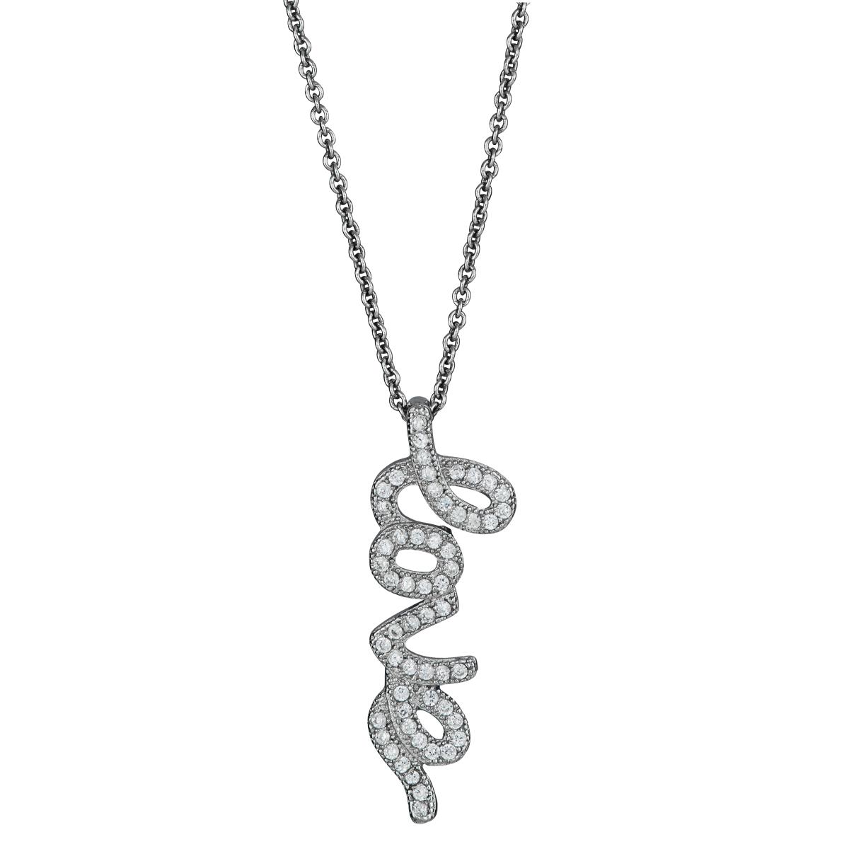 Sterling Silver Rhodium Vertical Love Pave 18" Necklace with 2" Extension