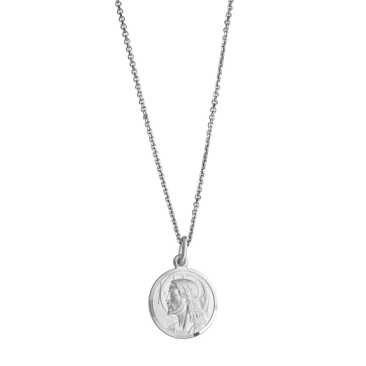 Sterling Silver Rhodium Round Jesus Medal 18" Necklace
