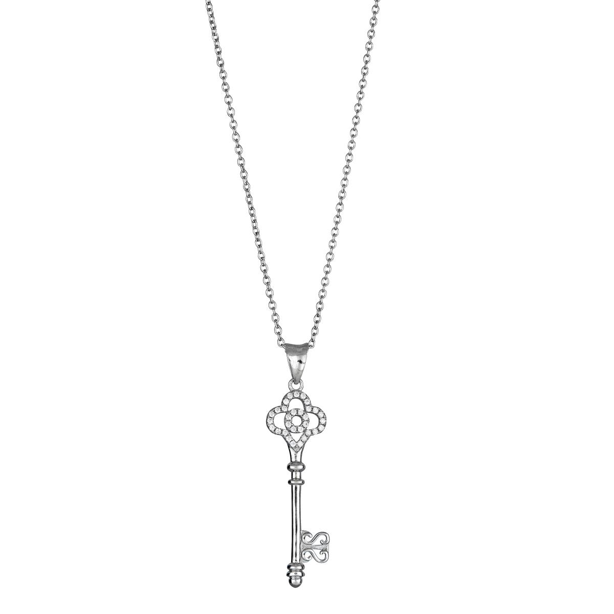 Sterling Silver Rhodium Micropave Clover Key 18" Necklace with 2" Extension
