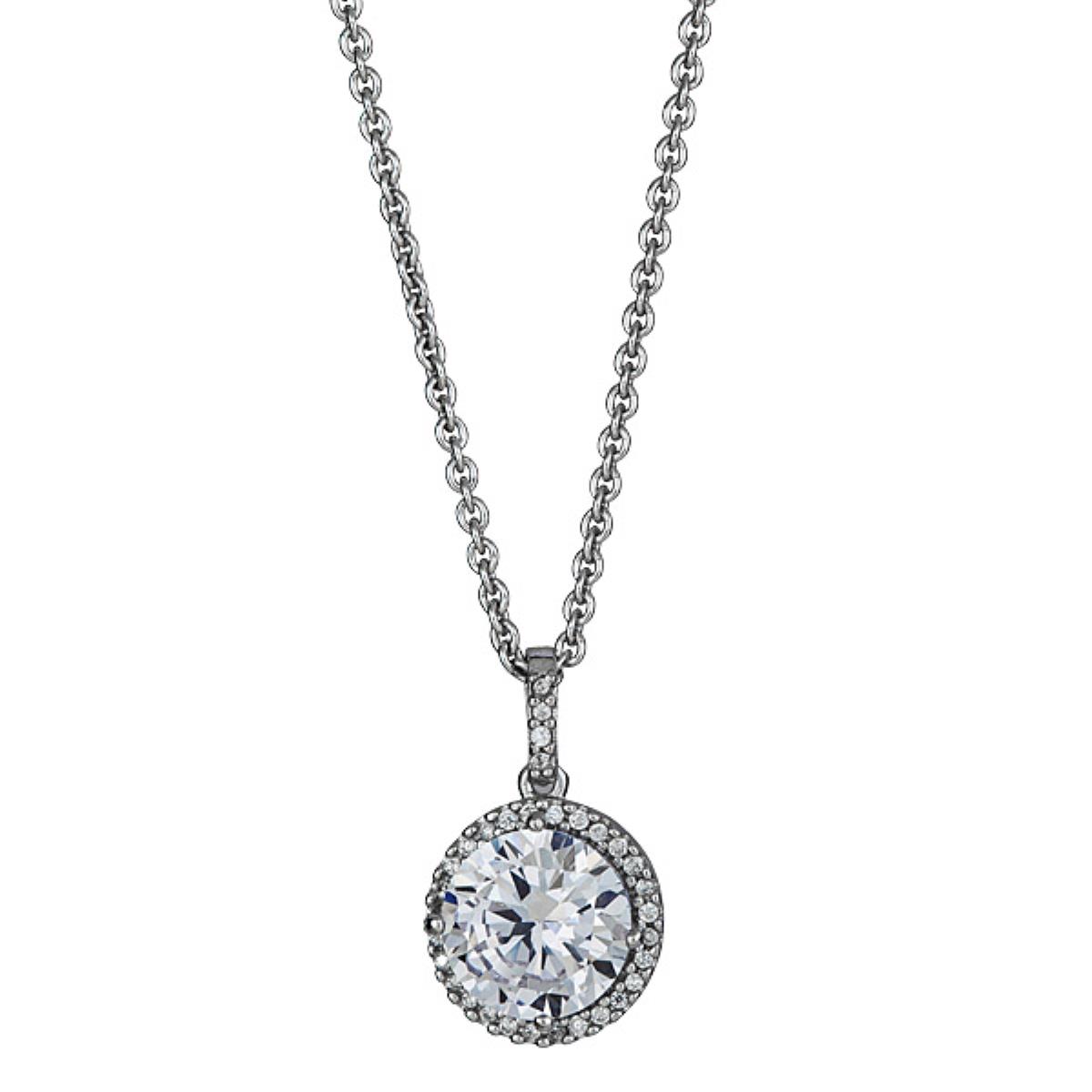 Sterling Silver Rhodium Round Halo 18" Necklace with 2" Extension