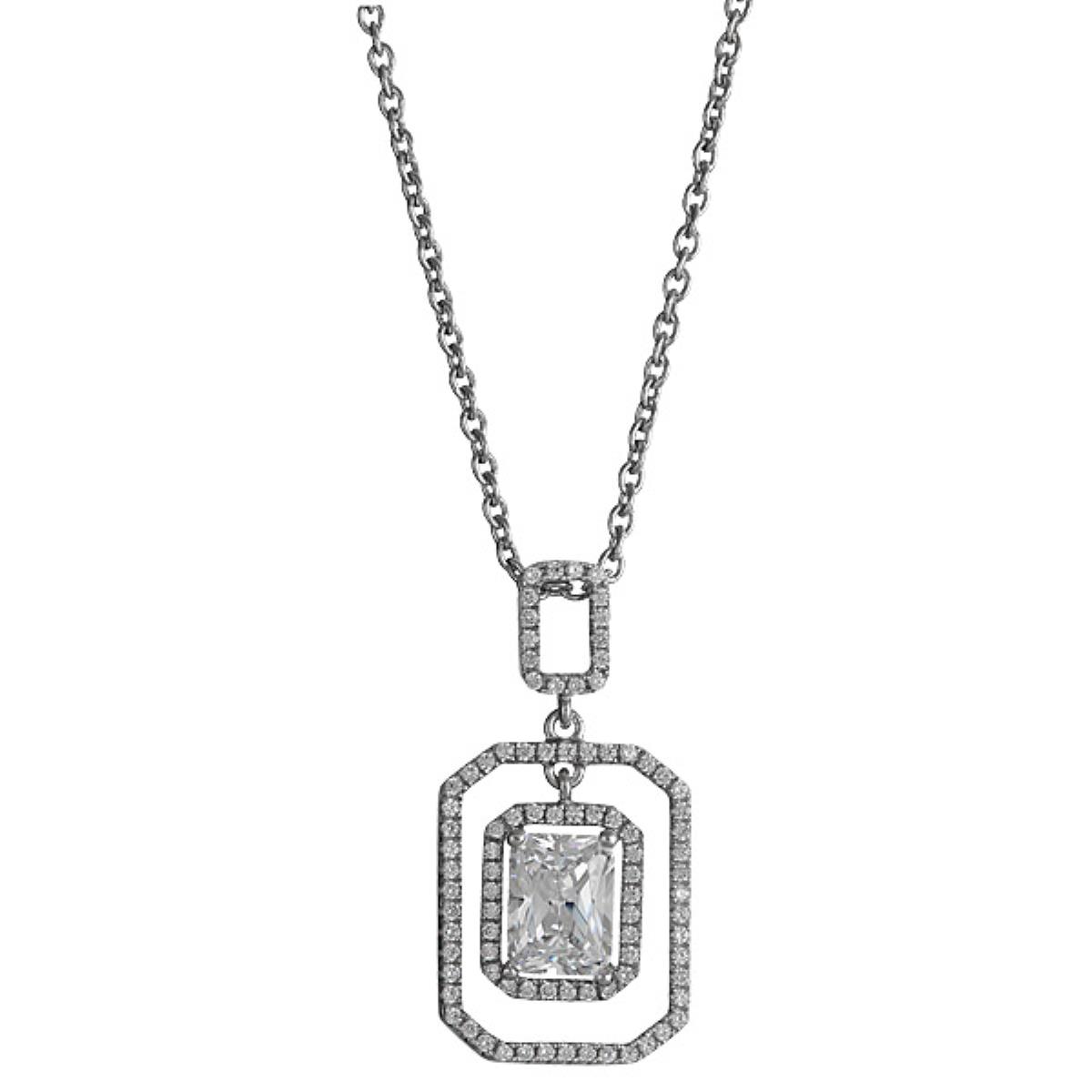 Sterling Silver Rhodium Emerald Cut Loose Halo 18" Necklace with 2" Extension
