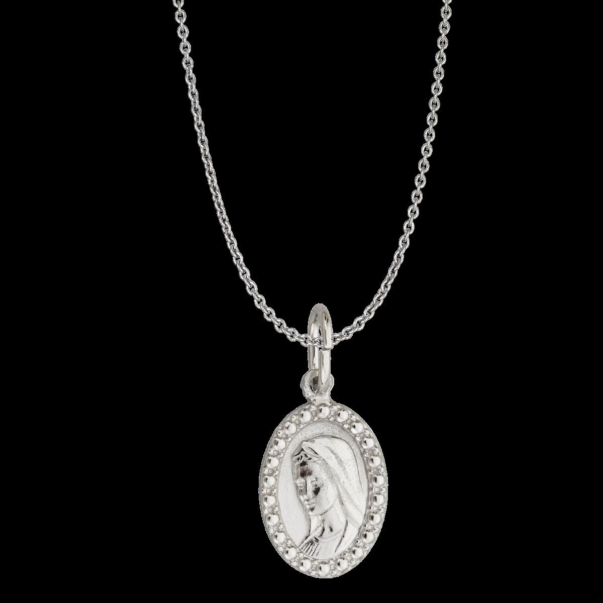Sterling Silver Rhodium Oval  Virgin Mary Medal 18" Necklace