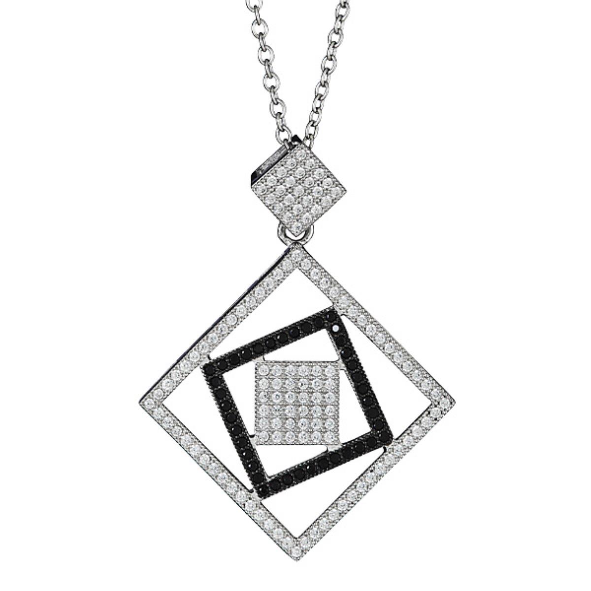 Sterling Silver Rhodium B &W CZ Square Fashion 18" Necklace with 2" Extension