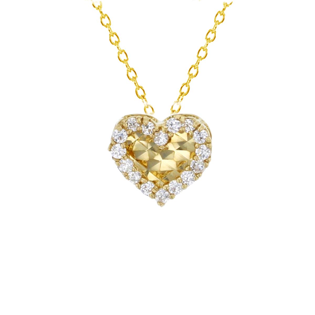 14K Yellow Gold 7mm  Diamond Cut Micropave Heart 18" Necklace 