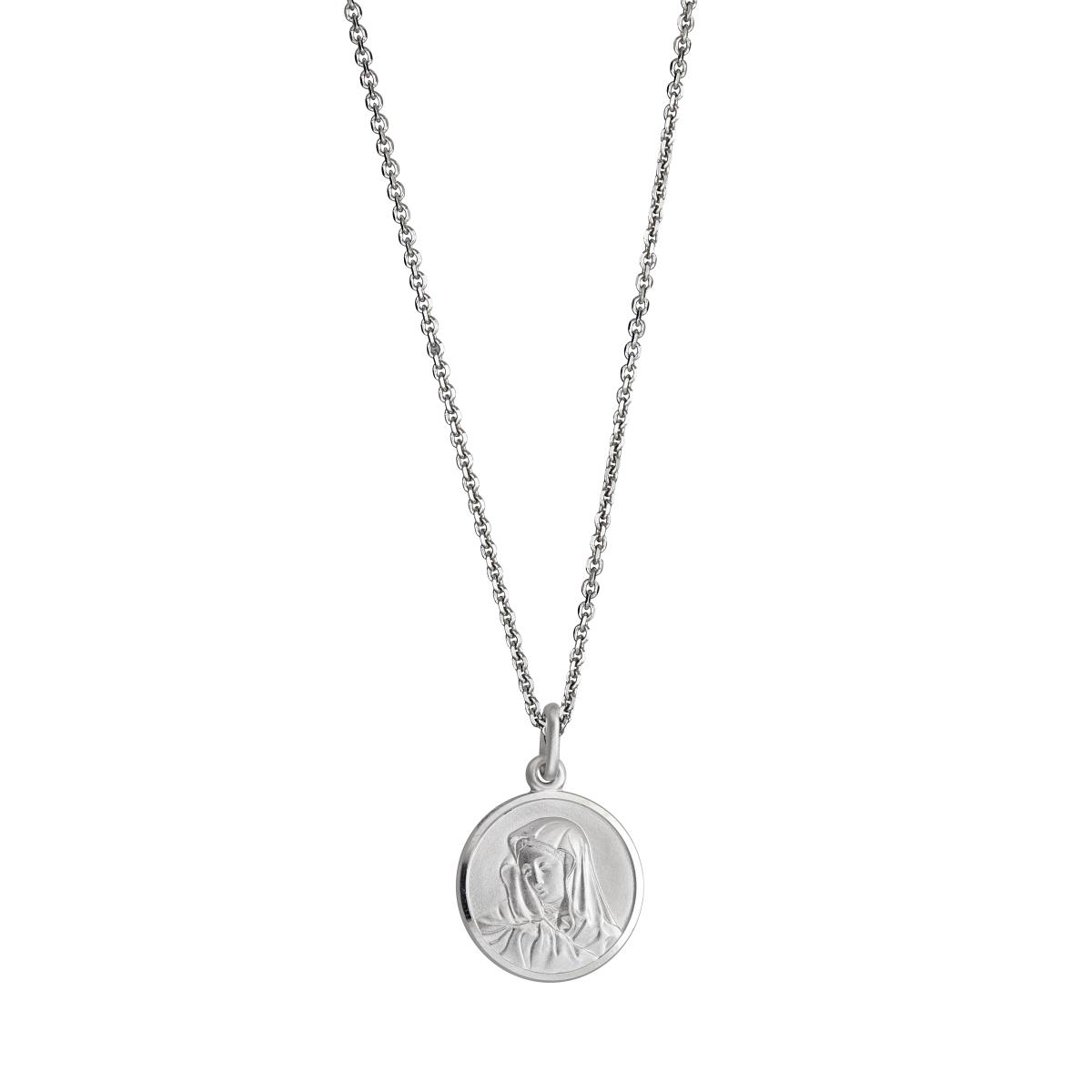 Sterling Silver Rhodium 18mm Round Virgin Mary Medal 18" Necklace