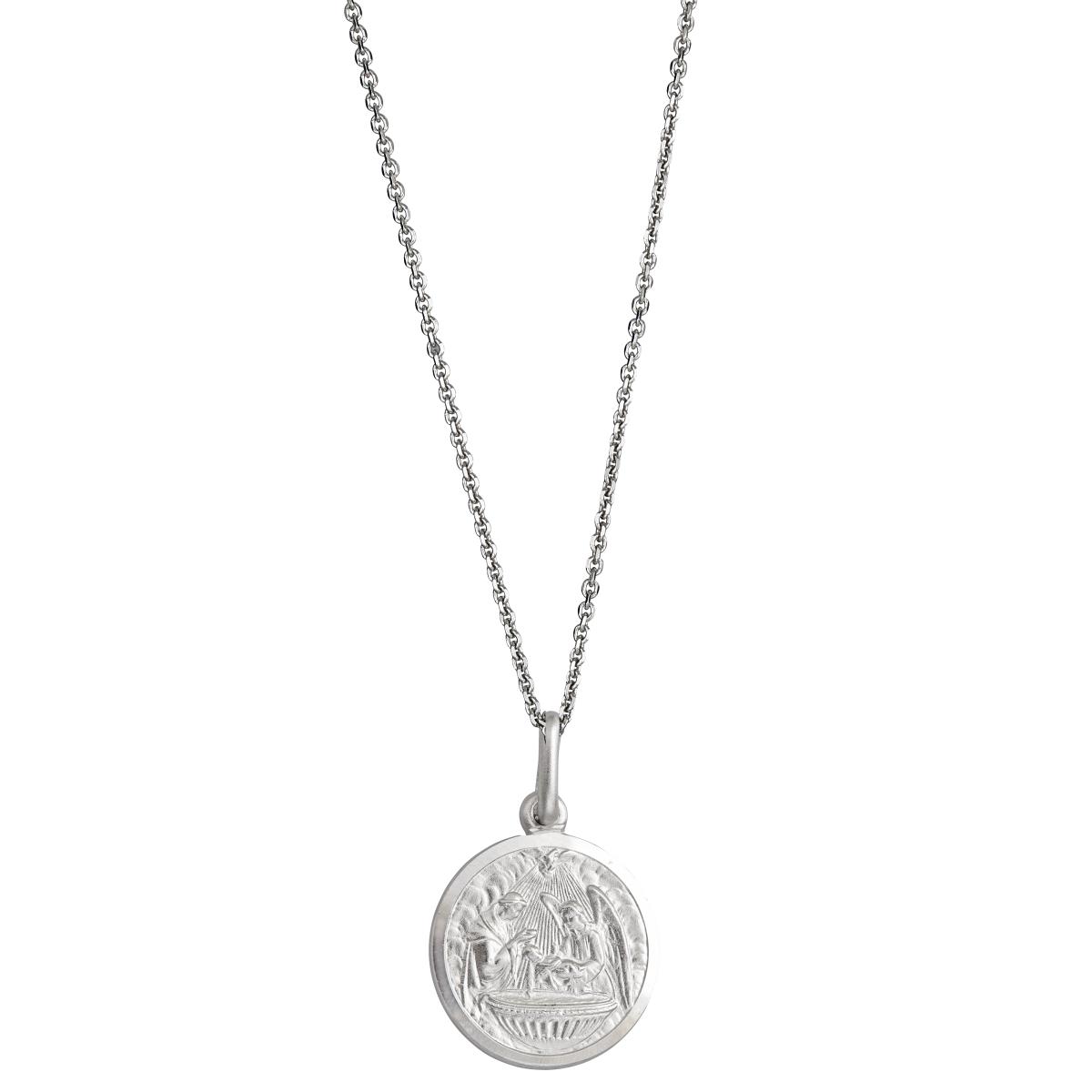 Sterling Silver Rhodium Round Baptism Medal 18" Necklace