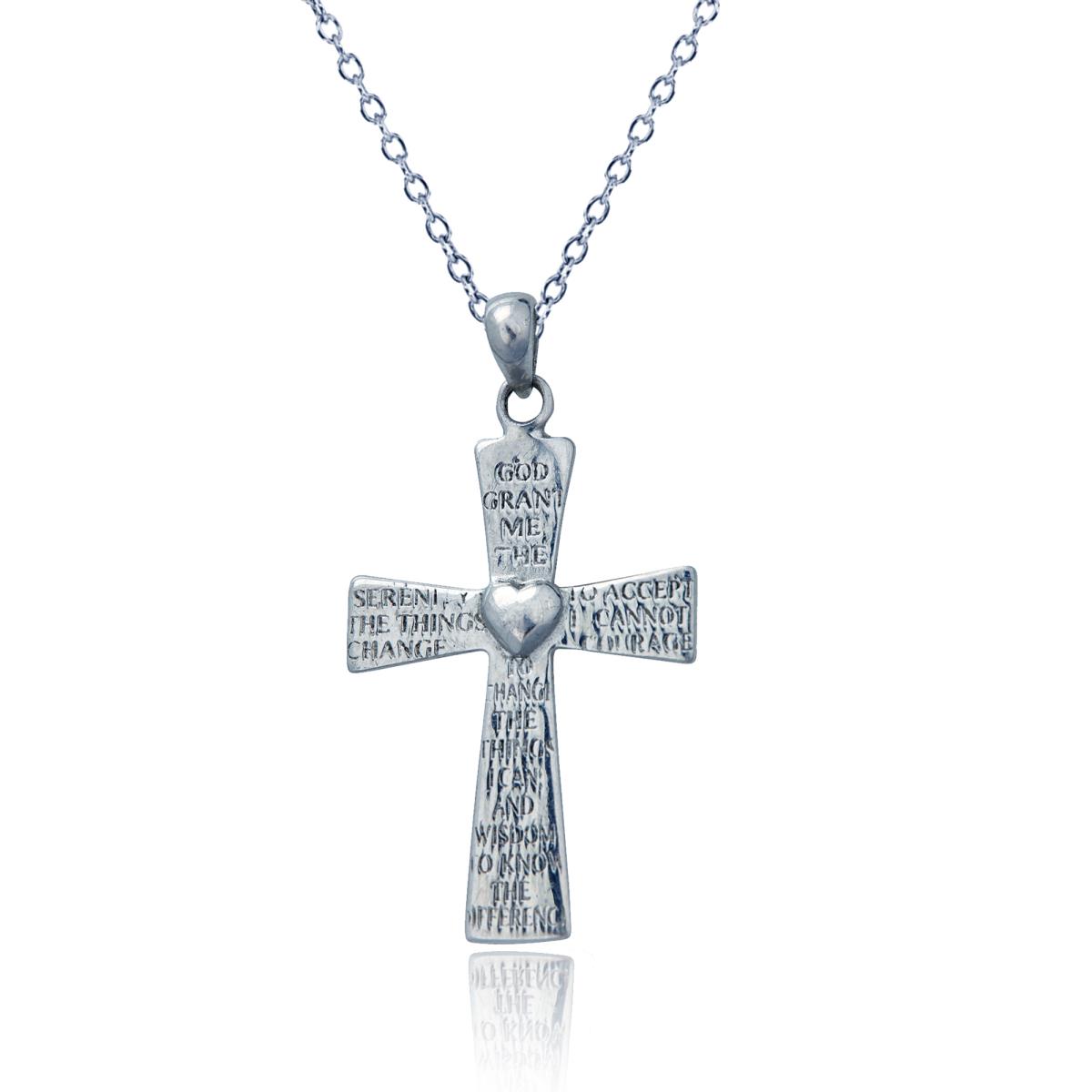 Sterling Silver Rhodium Serenity Prayer Cross 18" Necklace