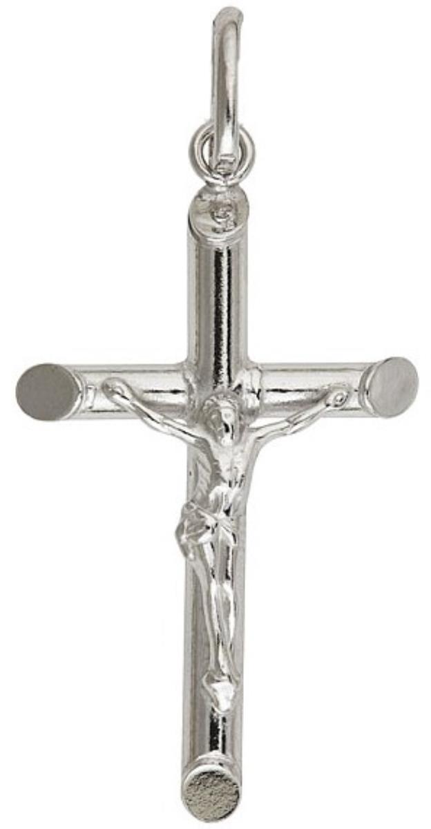 Sterling Silver Rhodium 30mm Tube Crucifix 18" Necklace
