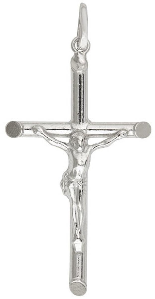 Sterling Silver Rhodium 20x40mm Tube Crucifix 18" Necklace