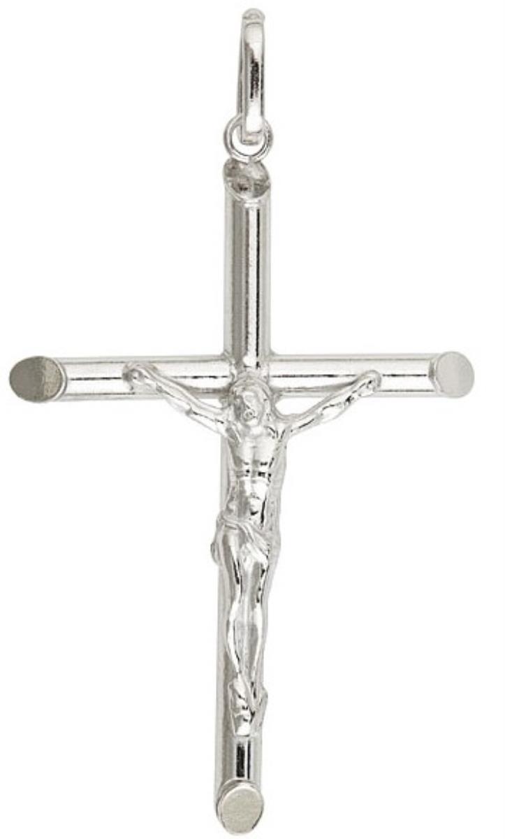 Sterling Silver Rhodium 30x50mm Tube Crucifix 18" Necklace