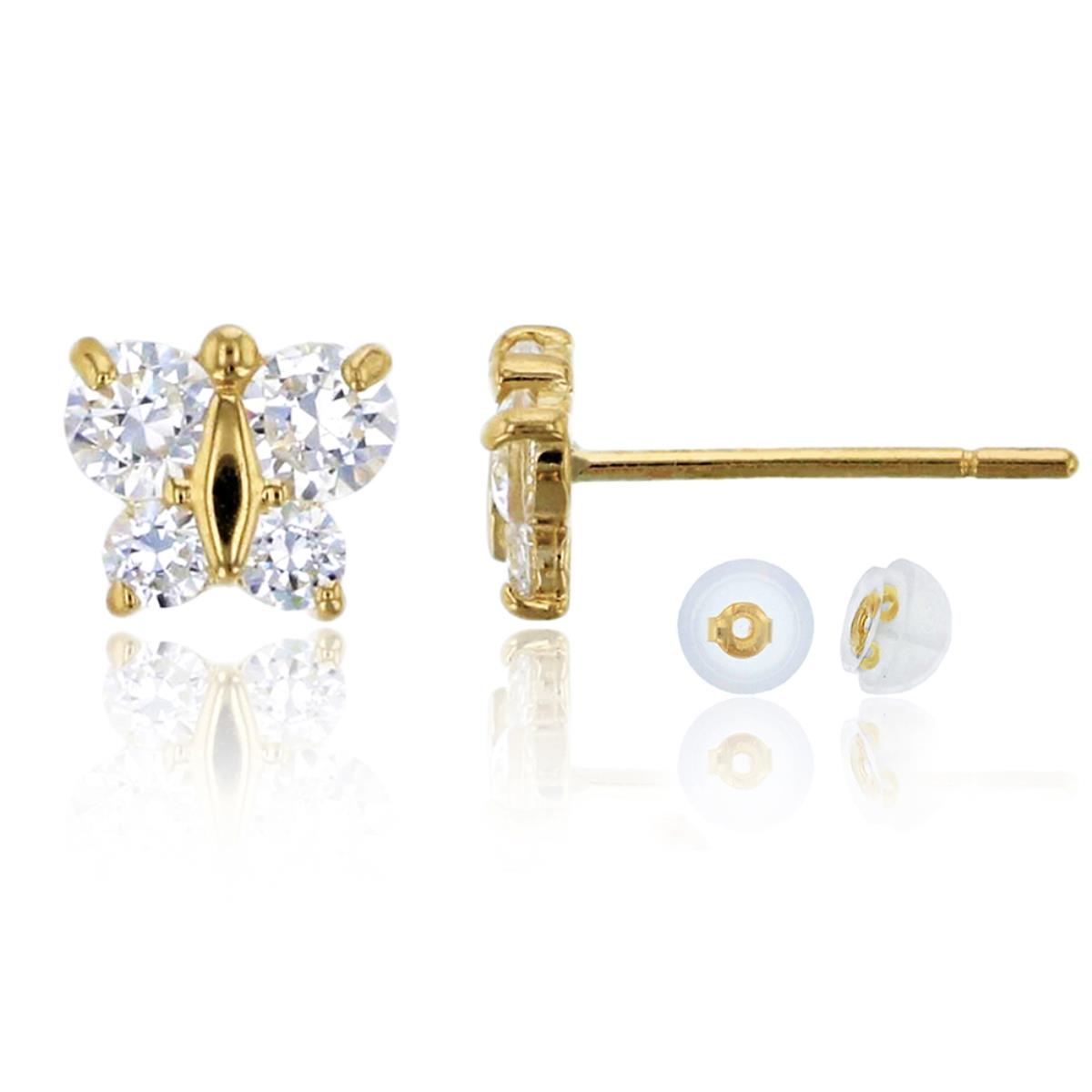 14K Yellow Gold Round Cut Butterfly CZ Stud & 14K Silicone Back