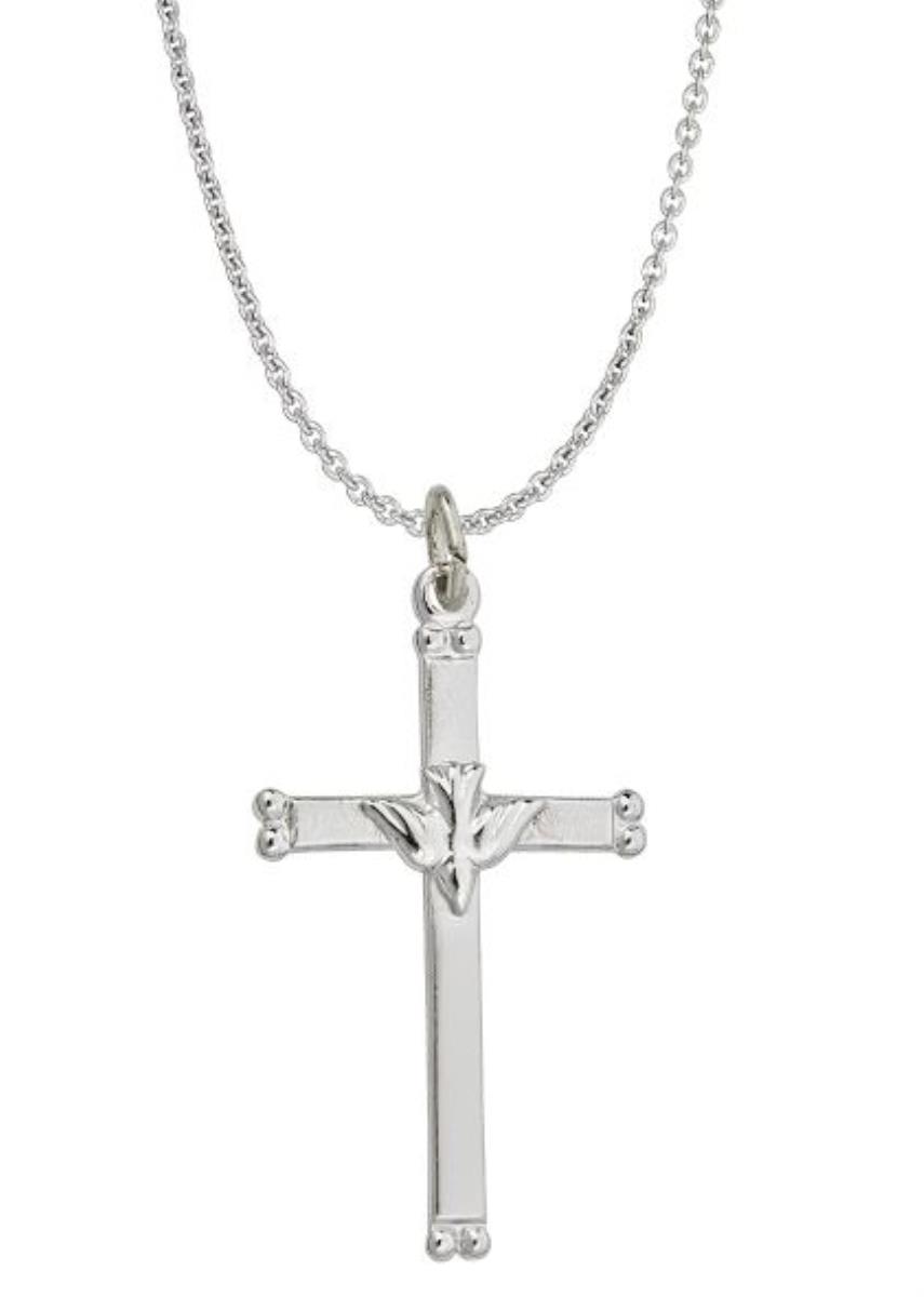 Sterling Silver Rhodium 17.00x32.00mm Holy Spirit Dove Cross 18" Necklace