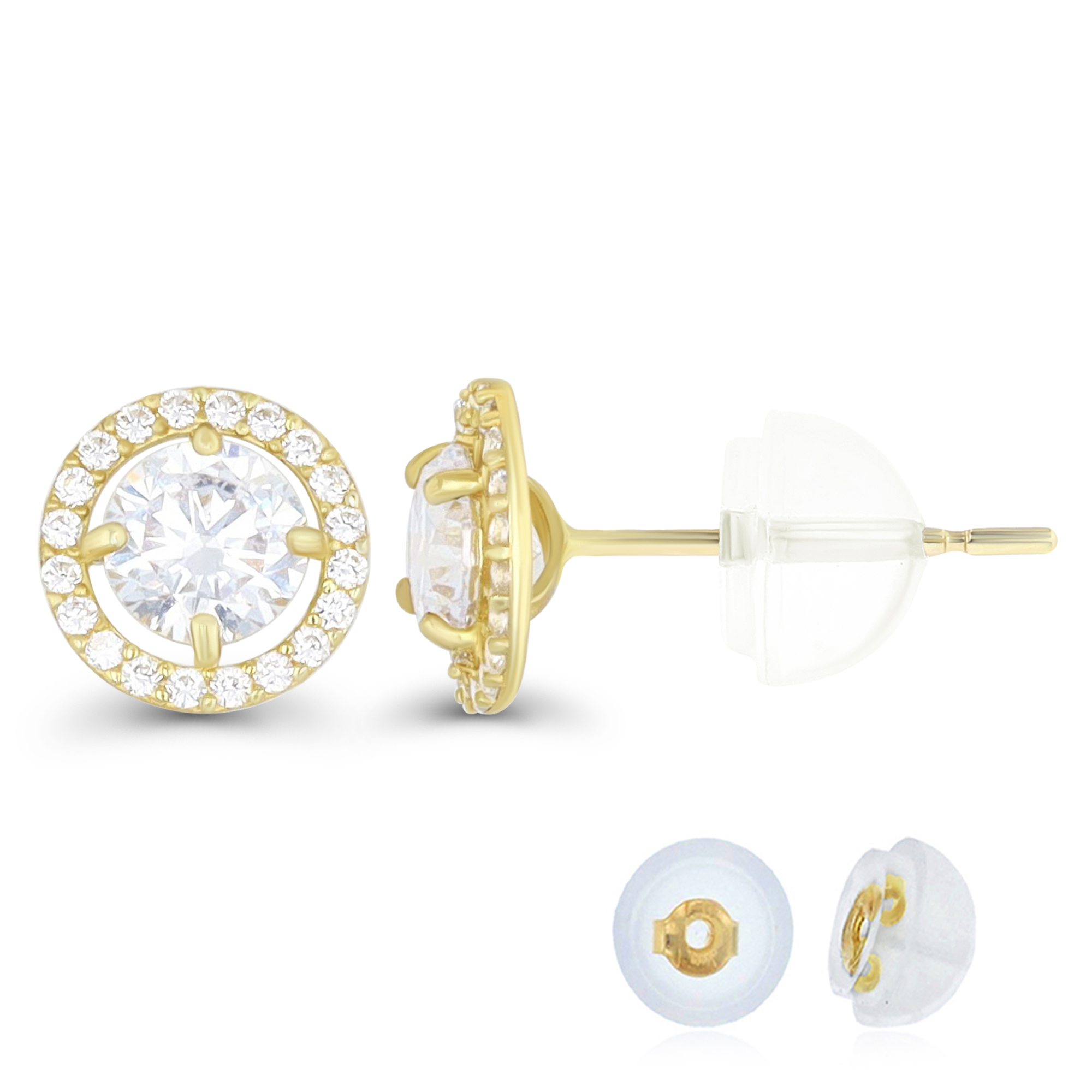 14K Yellow Gold Micropave 5.00mm Round Cut Halo CZ Stud Earring & 14K Silicone Back