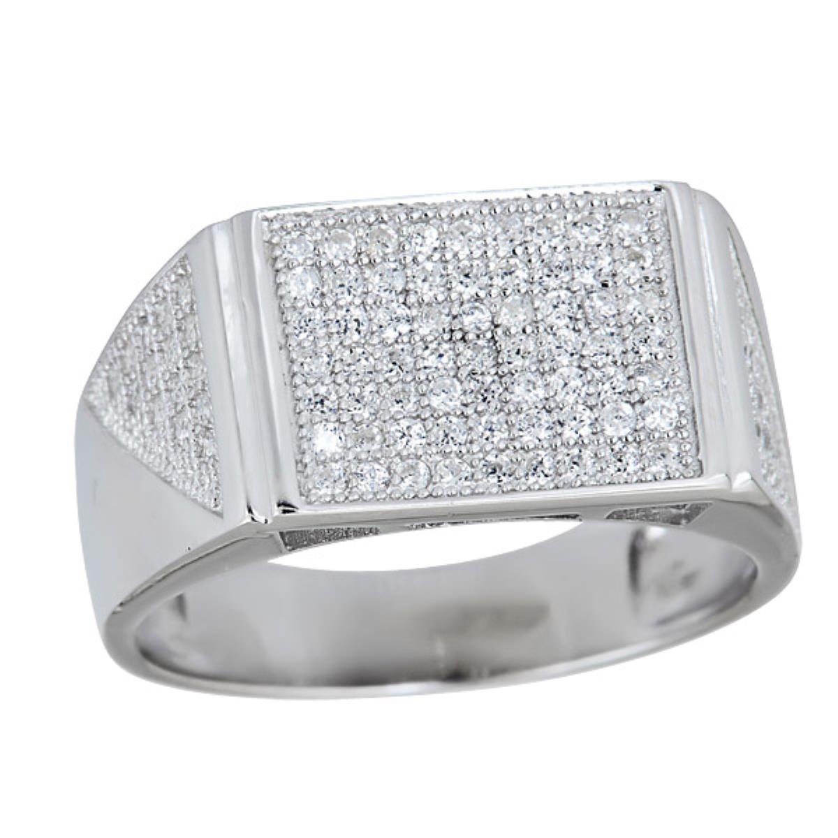 Sterling Silver Rhodium Men's Rectangle & Triangle Pave Ring