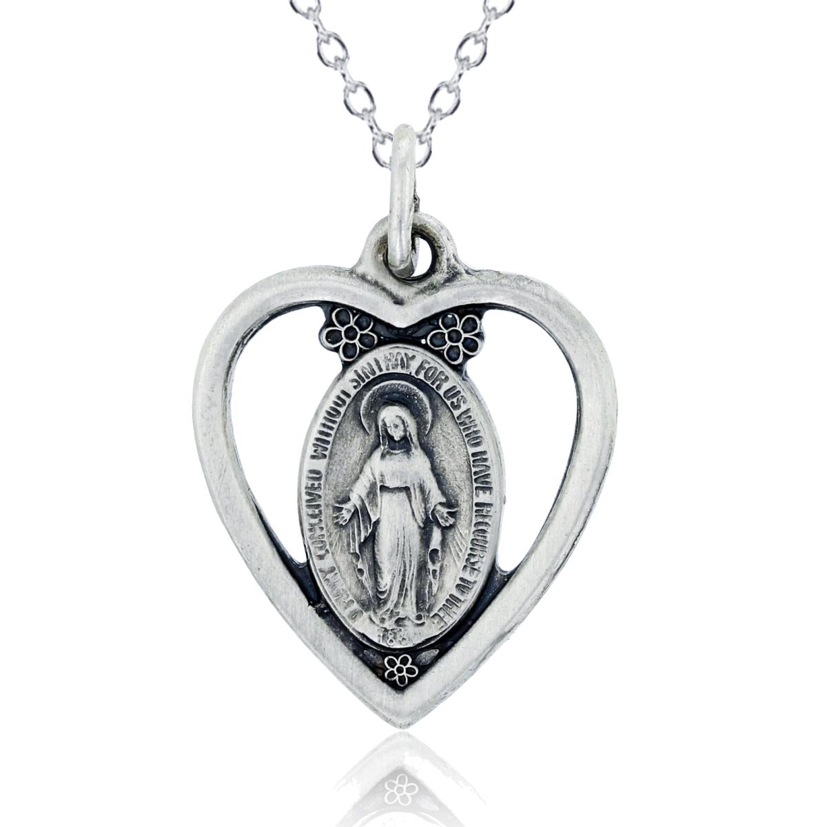 Sterling Silver Oxidized Rhodium 18.00x23.00mm Vintage Virgin Mary Heart 18" Necklace
