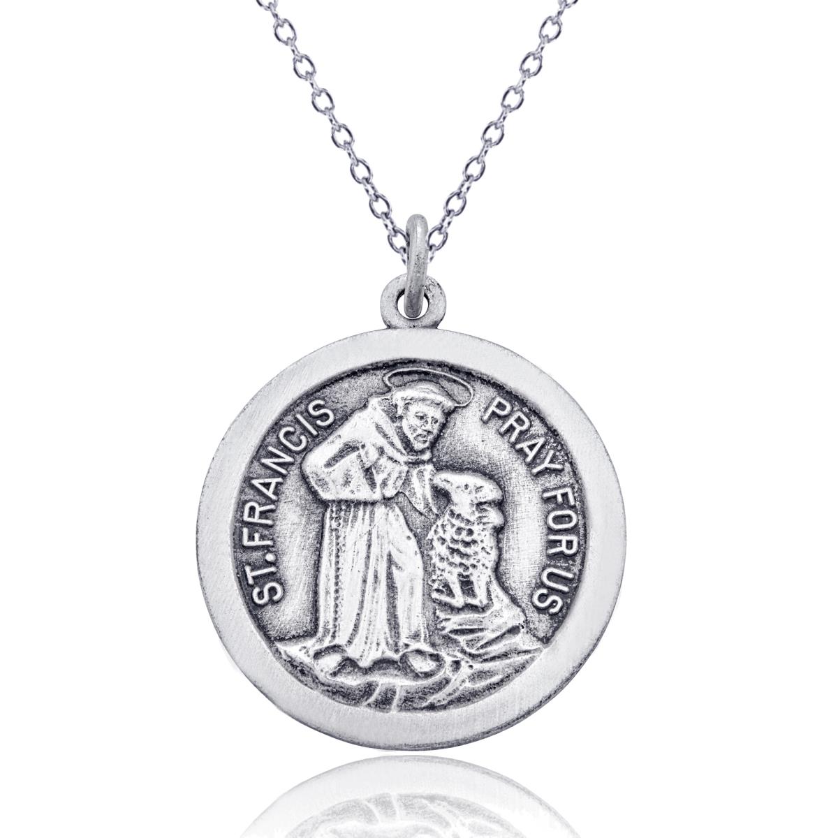 Sterling Silver Oxidized Rhodium 23.00mm St. Francis Medal 18" Necklace