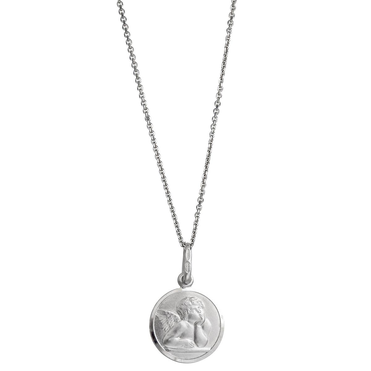Sterling Silver mm Round Cherub Angel Medal 18" Necklace 