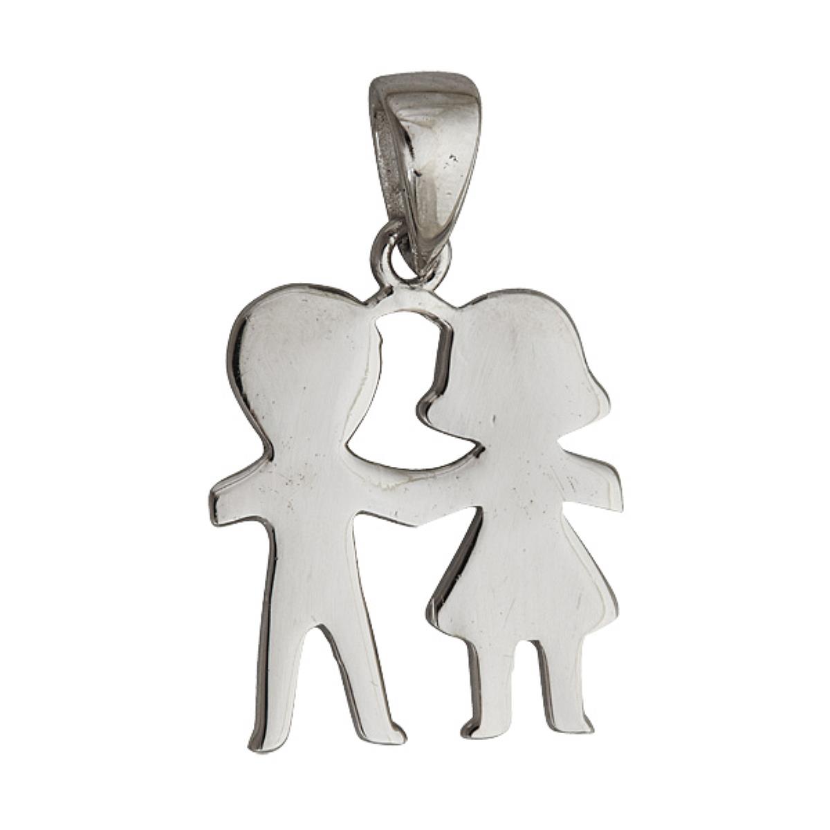 Sterling Silver Rhodium 14x20mm Boy and Girl 18" Necklace