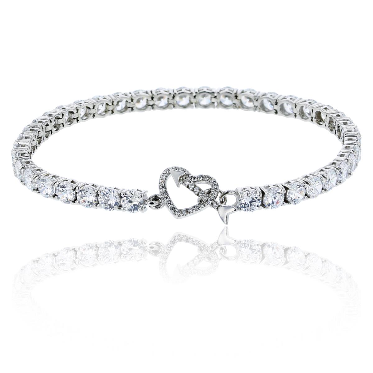 Sterling Silver Rhodium Pave Round Cut Tennis Bracelet with Heart Toggle 