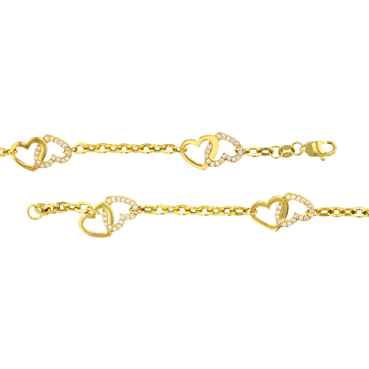 10K Yellow Gold Double Heart 7.25" Bracelet with Cubic Zirconia