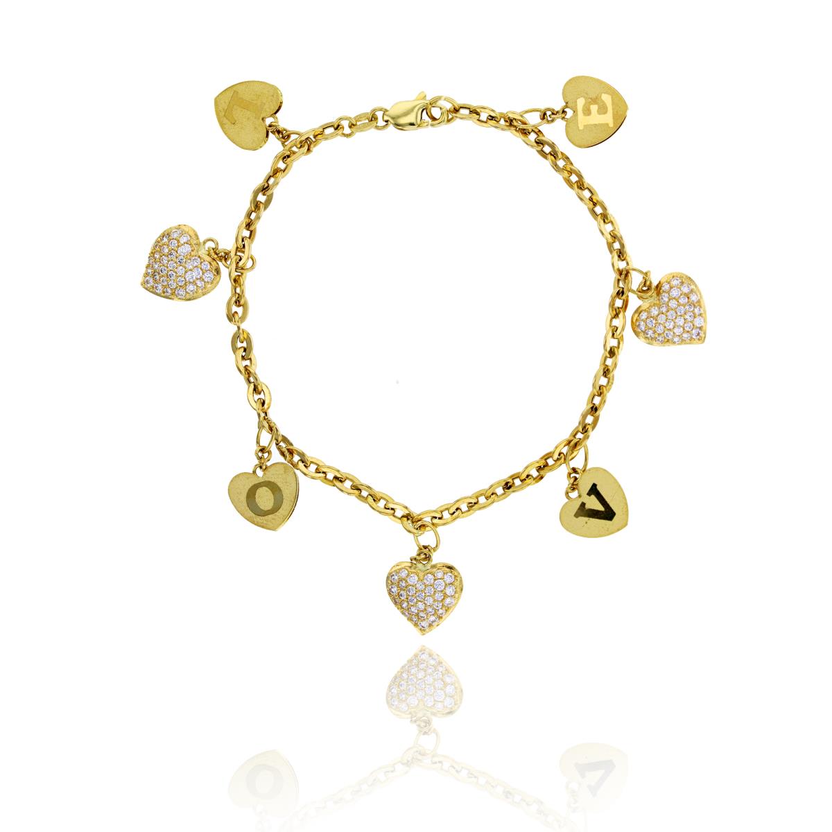 10K Yellow Gold LOVE Heart Charm 7.25" Bracelet with Cubic Zirconia
