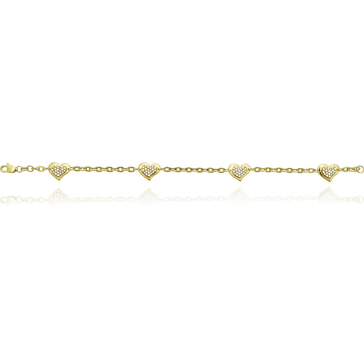 10K Yellow Gold Heart 7.5" Bracelet with Cubic Zirconia