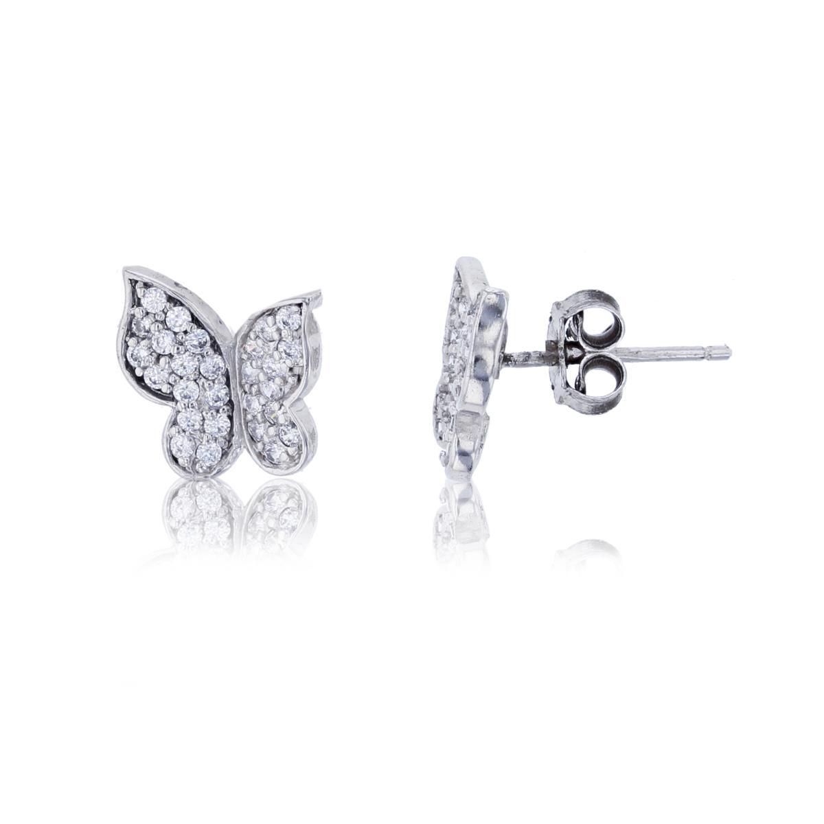 Sterling Silver Rhodium Micropave Butterfly Stud Earring