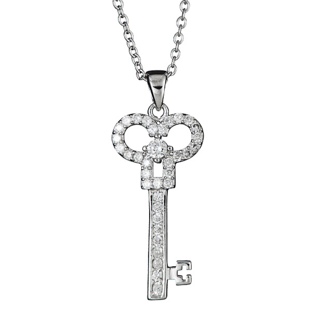 Sterling Silver Rhodium Pave Key 18" Necklace with 2" Extension