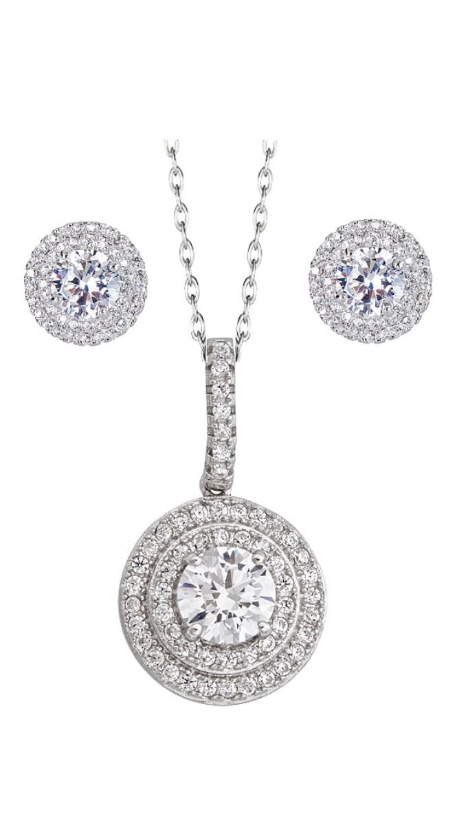 Sterling Silver Rhodium 6mm Round Dbl Halo Necklace Earring Set