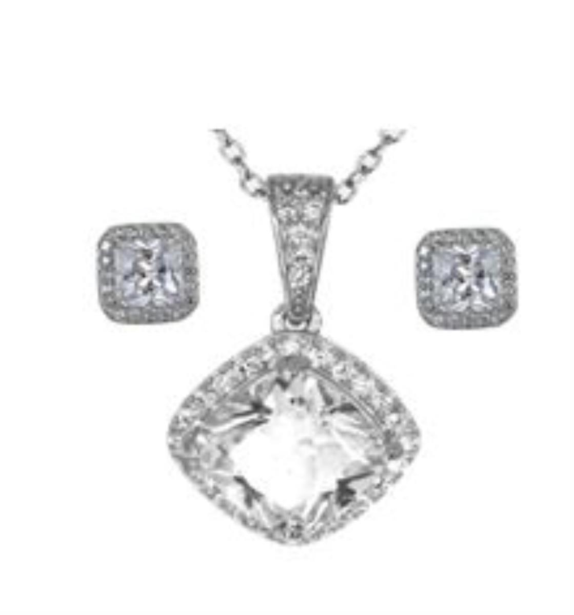 Sterling Silver Rhodium Cushion Halo 18" Necklace & Earring Set