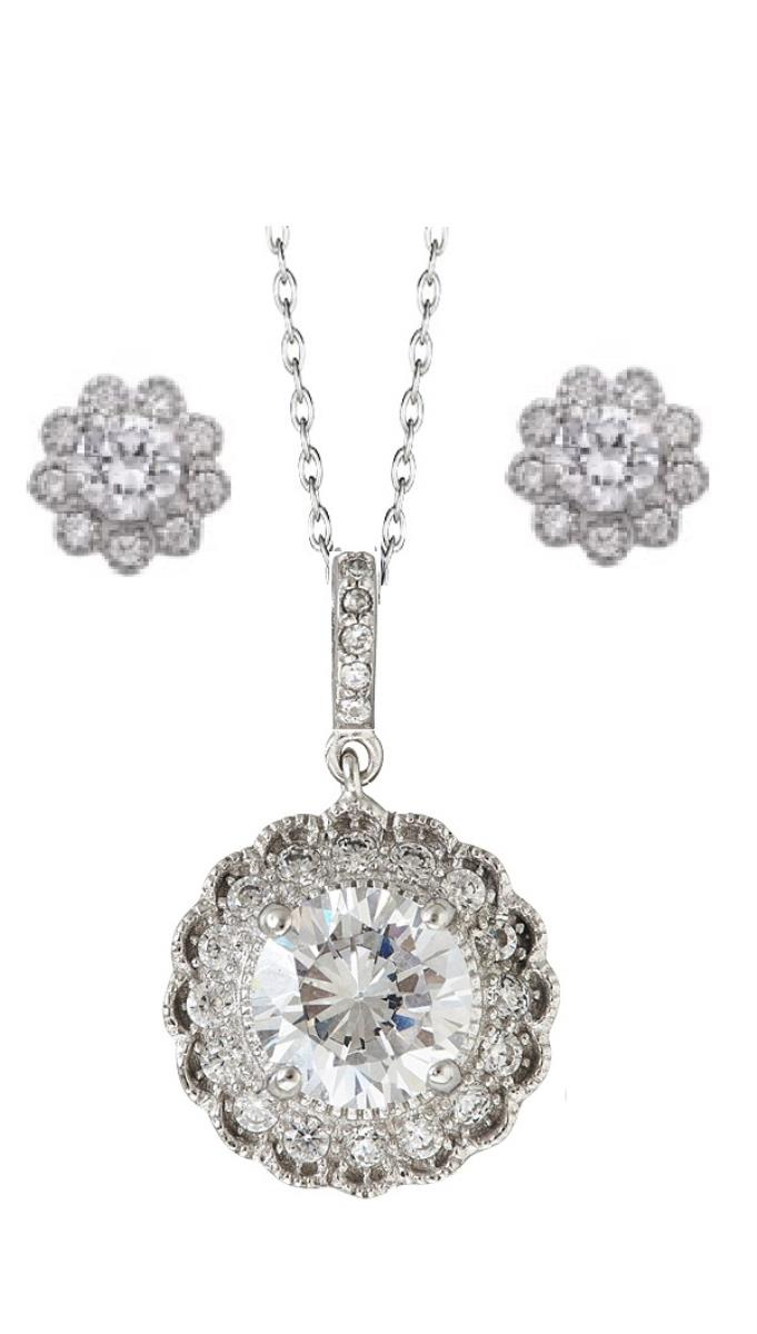 Sterling Silver Rhodium Flower Halo 18" Necklace & Earring Set