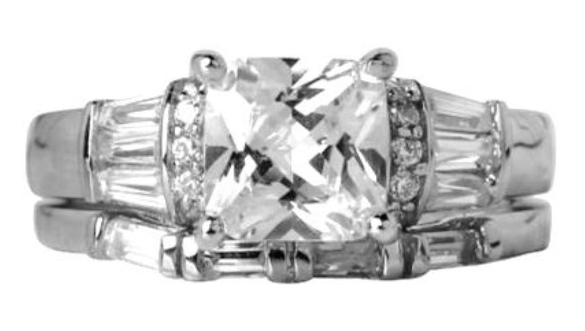 Sterling Silver Rhodium Princess Cut & Tapered Baguette Engagement Set Ring