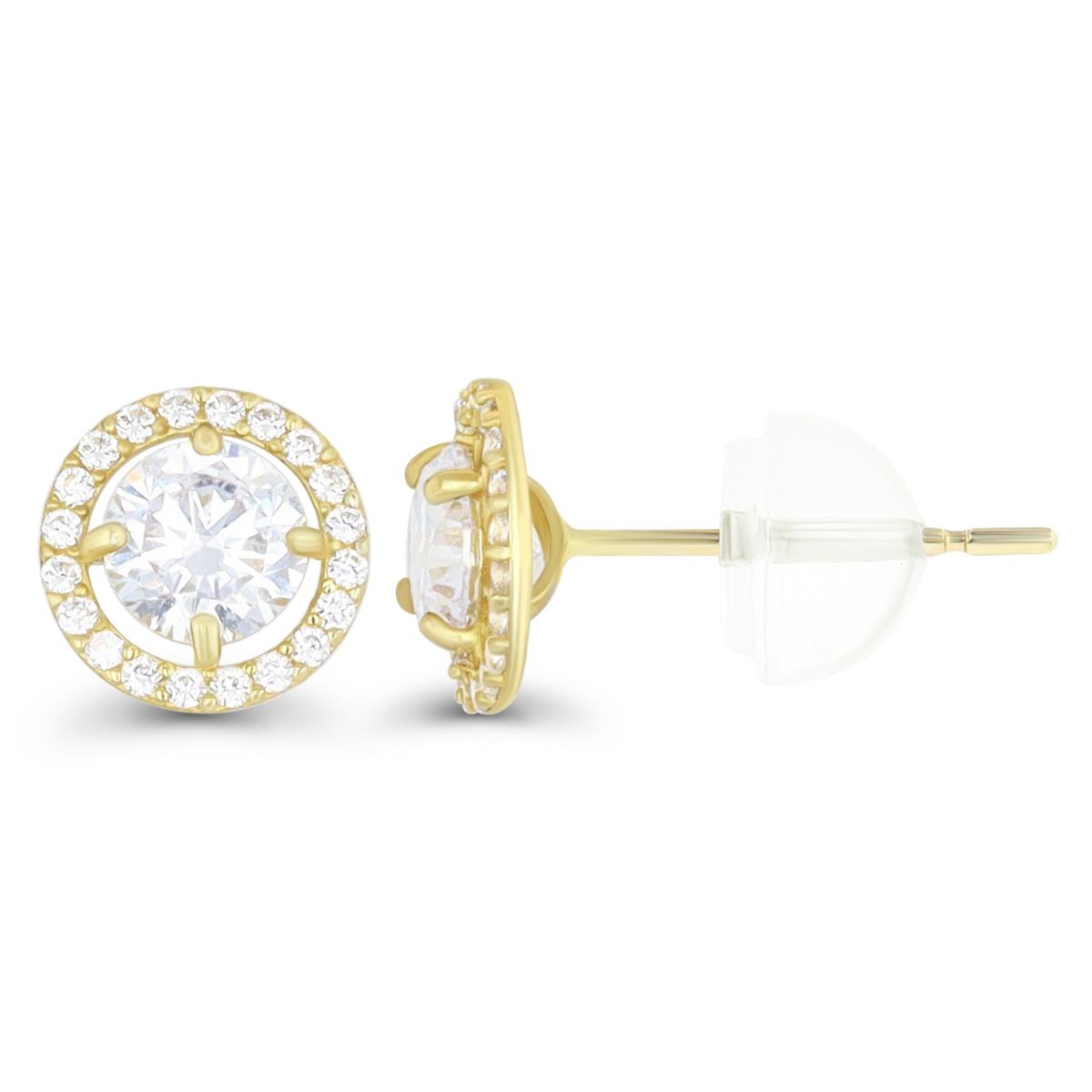 10K Yellow Gold Micropave 5.00mm Round Cut Halo CZ Stud Earring & 10K Silicone Back