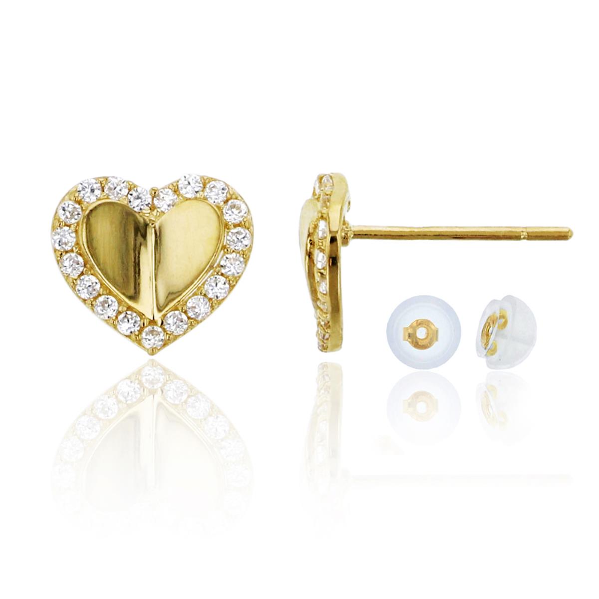 10K Yellow Gold High Polished Micropave Heart CZ Stud Earrings with Bubble Silicone Backs
