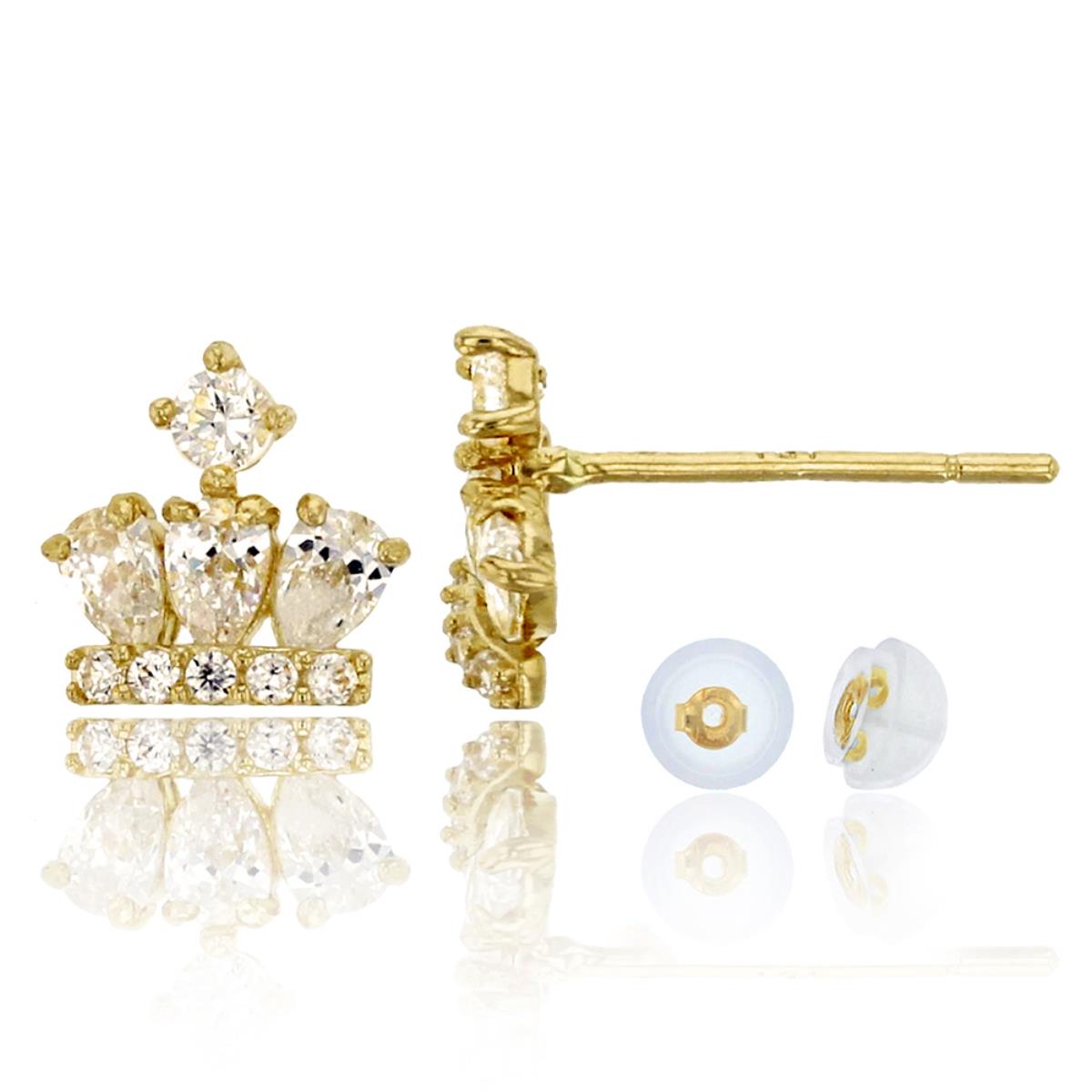10K Yellow Gold Micropave Crown CZ Stud Earrings with Bubble Silicone Backs