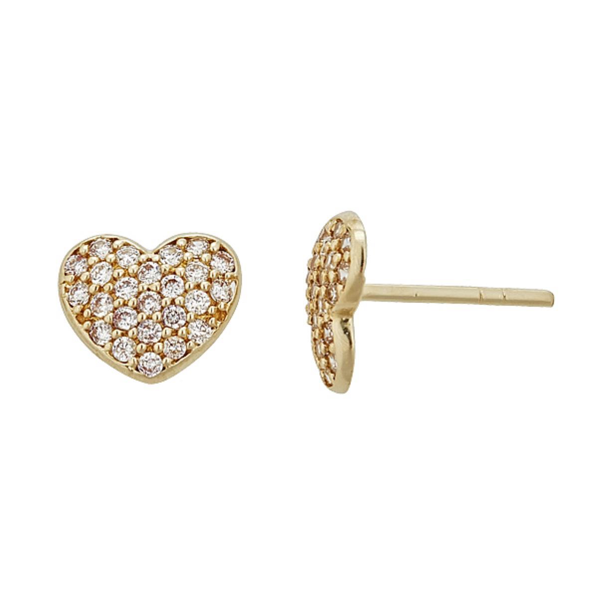 10K Yellow Gold Micropave CZ  Heart Stud Earrings with Bubble Silicone Backs